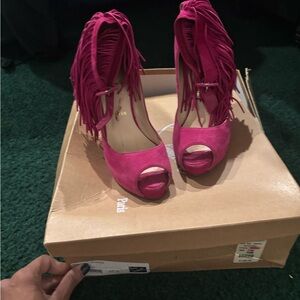 Christian Louboutin Fuchsia Fringe Peep-Toe Heels